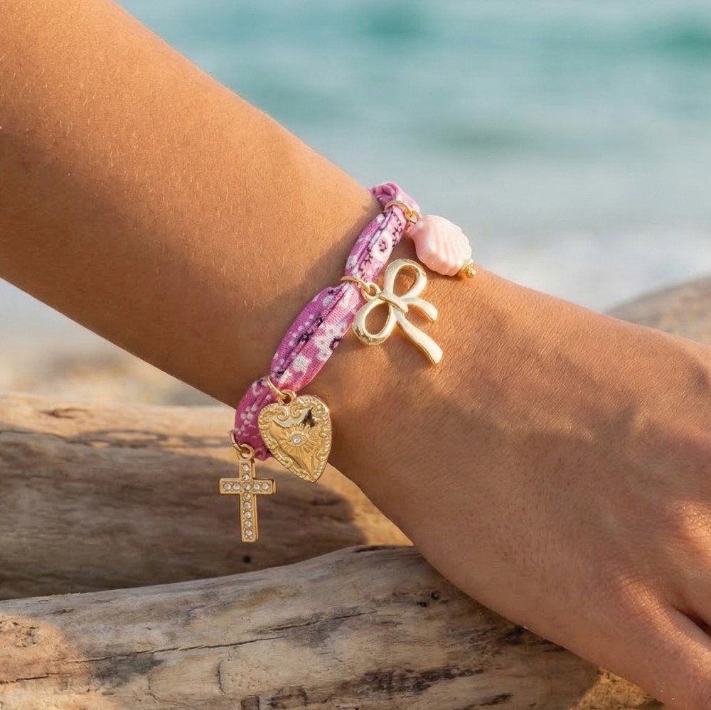 Heart Cross Bow And Shell Charms Bandana Bracelet