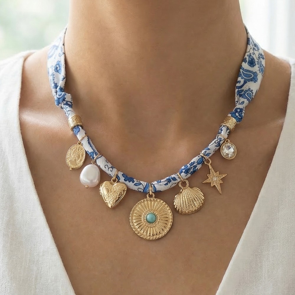 Mixed Charms Blue Paisley Bandana Necklace