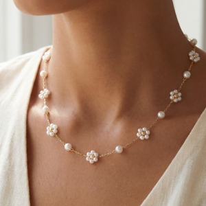 Station Pearl Beaded Flowers Chain Necklace