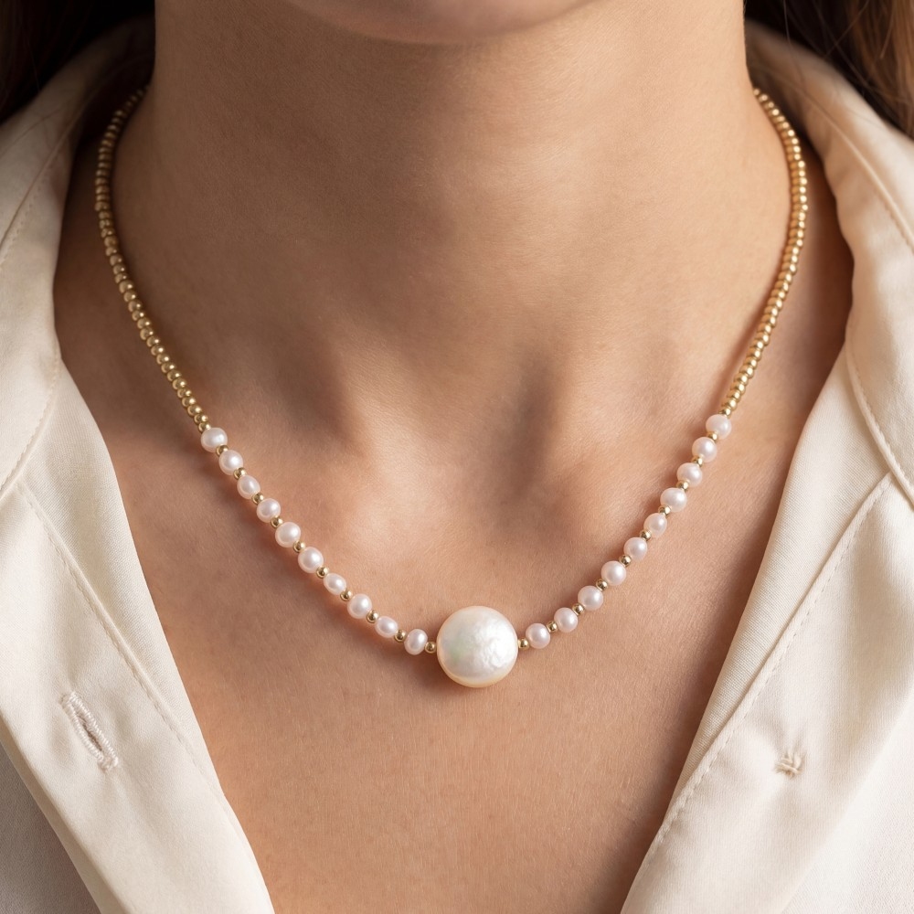 Pearl Pendant And Metallic Beaded Necklace