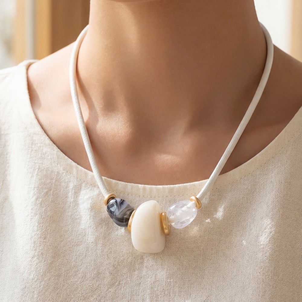 Resin And Metallic Beads Cord Necklace