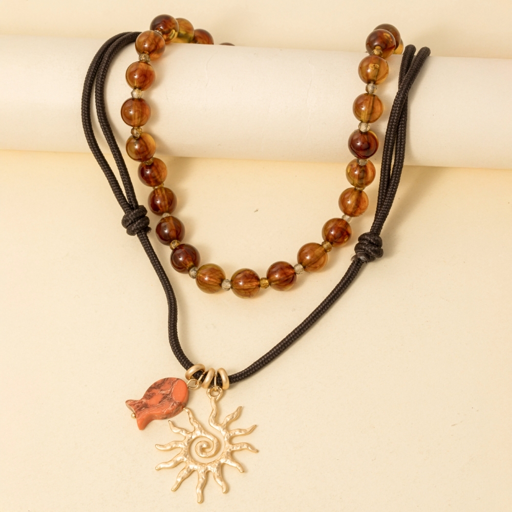 Sun And Fish Pendants Layered Cord And Beaded Necklace