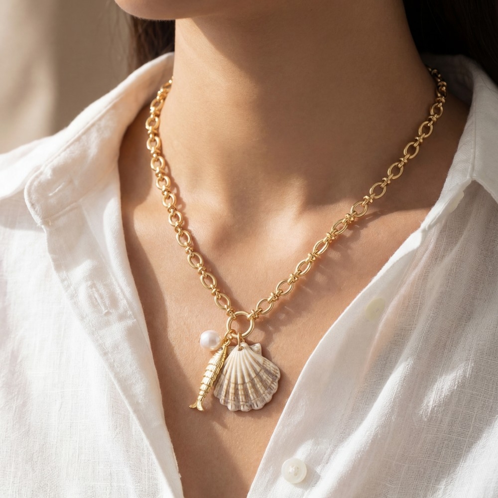 Sealife Charms Round Chain Link Necklace