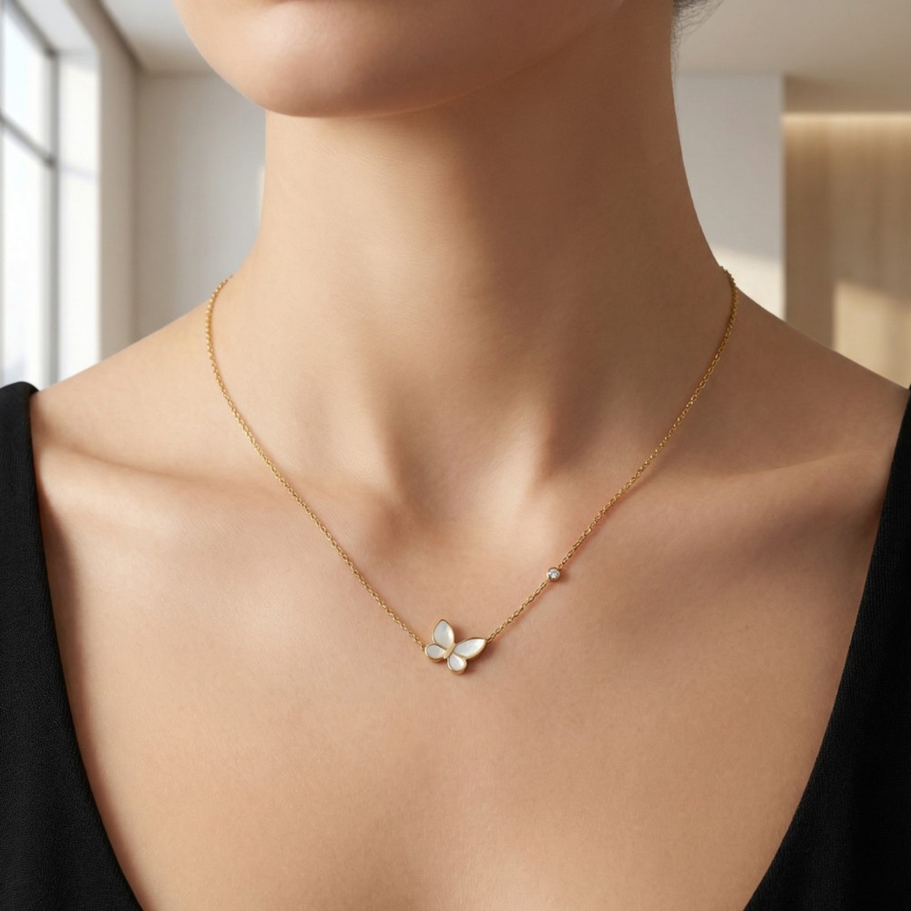 Stainless Steel Resin Butterfly And Gem Charm Chain Necklace