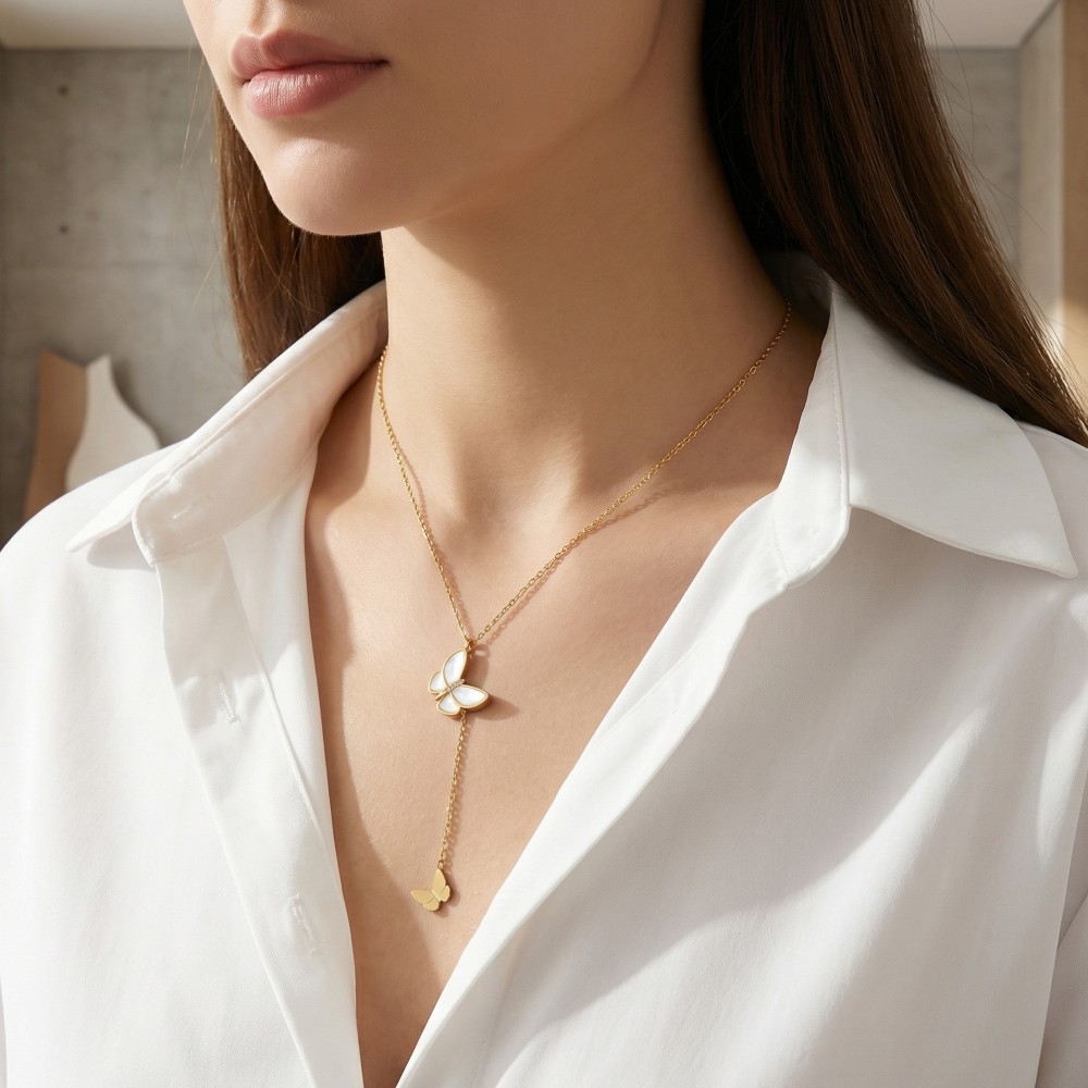 Stainless Steel And Resin Double Butterflies Y Chain Necklace