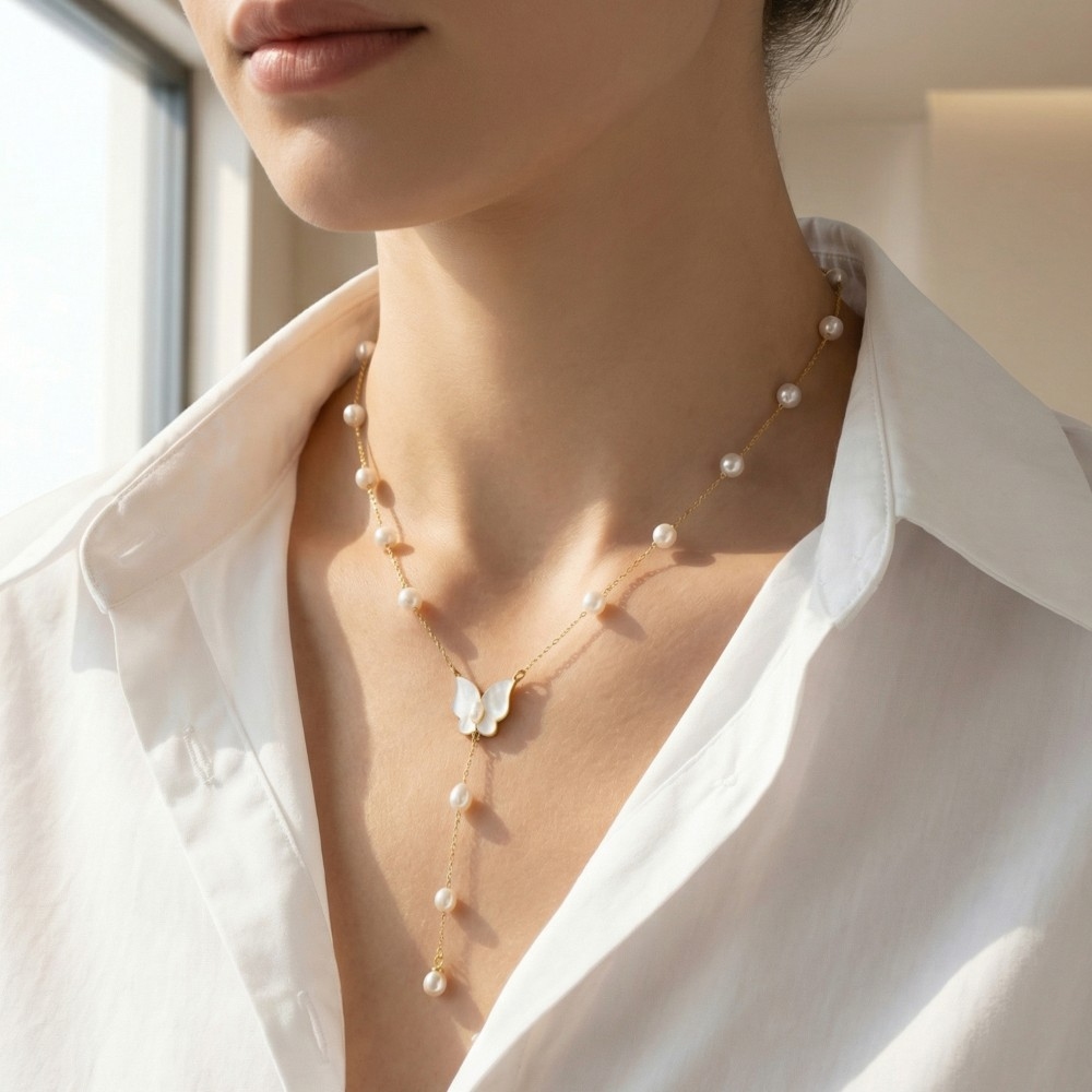 Stainless Steel Pearl Station Beads Chain Necklace