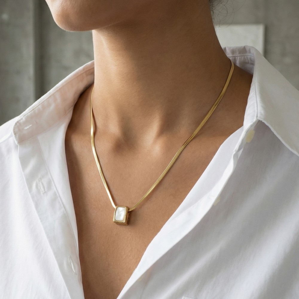 Stainless Steel Herringbone Chain Rectangle Pearl Pendant Necklace