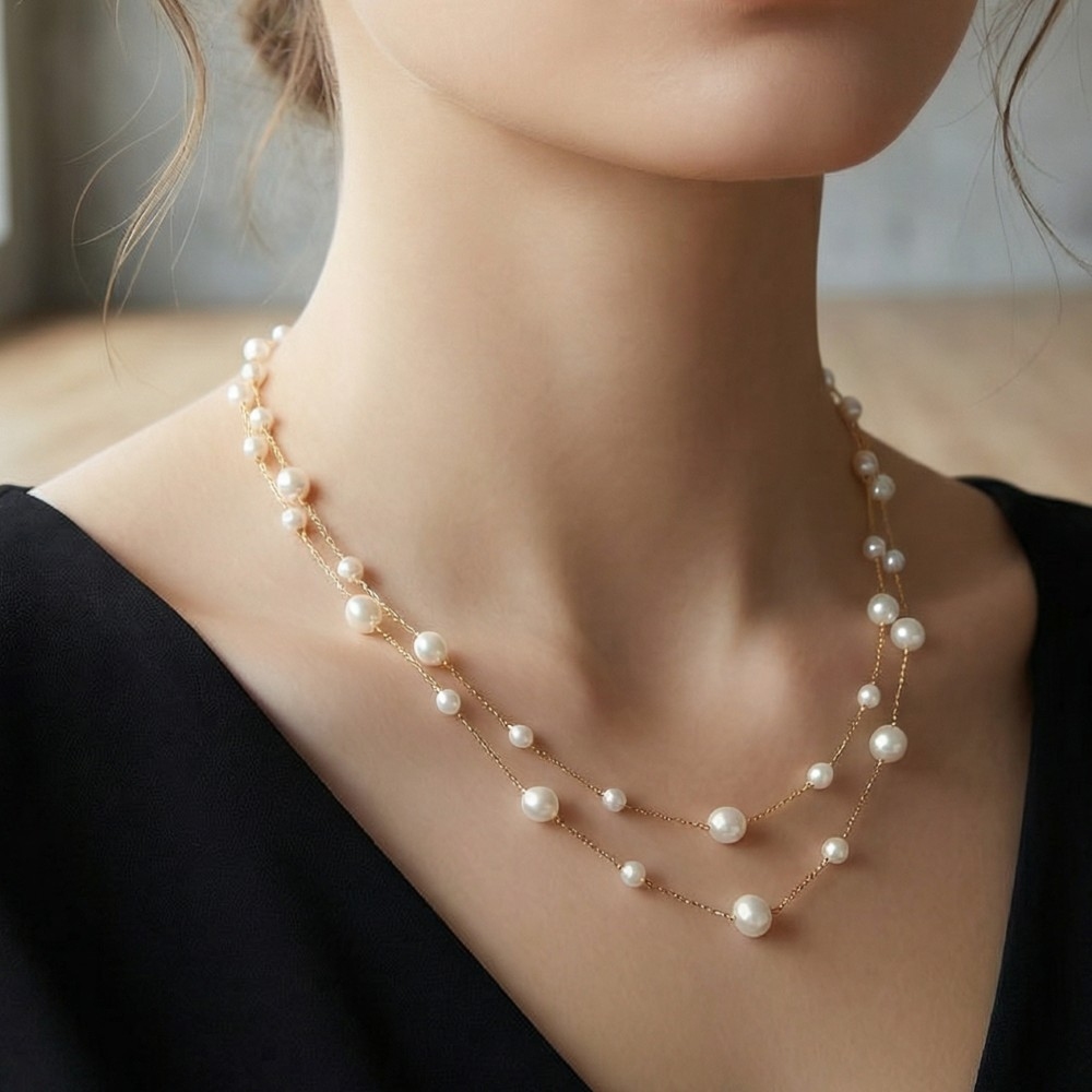 Stainless Steel Pearl Station Beads Layered Chain Necklace
