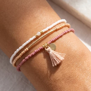 Dainty Seed Bead Stretch Bracelet Set With Tassel