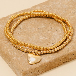 Heart Charm Mixed Metallic Beaded Bracelet Set