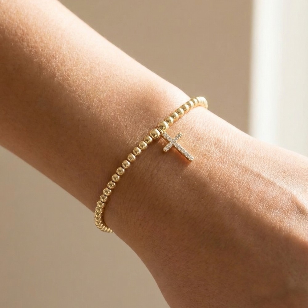 Cz Pave Cross Charm Beaded Cord Bracelet