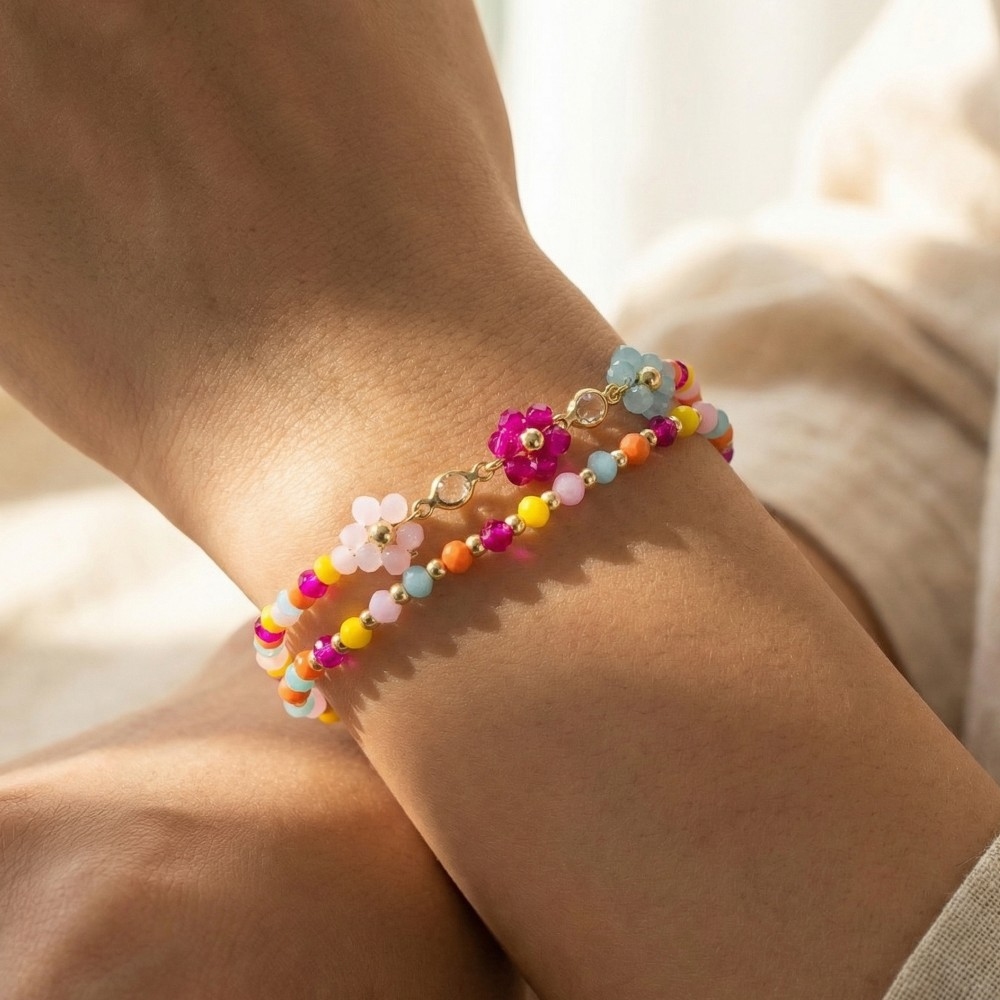 Faceted Beaded Flower Charm Mixed Beaded Bracelet
