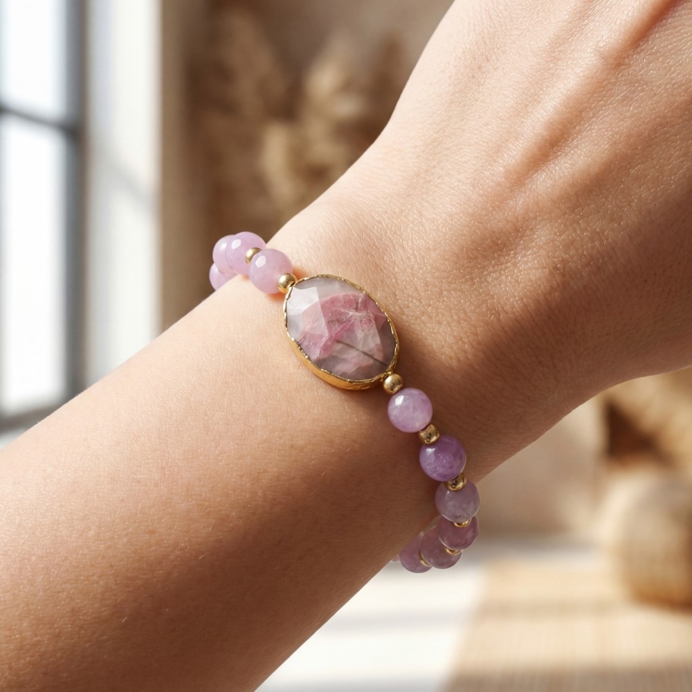 Faceted Semi Precious Oval Stone Charm Beaded Elastic Bracelet