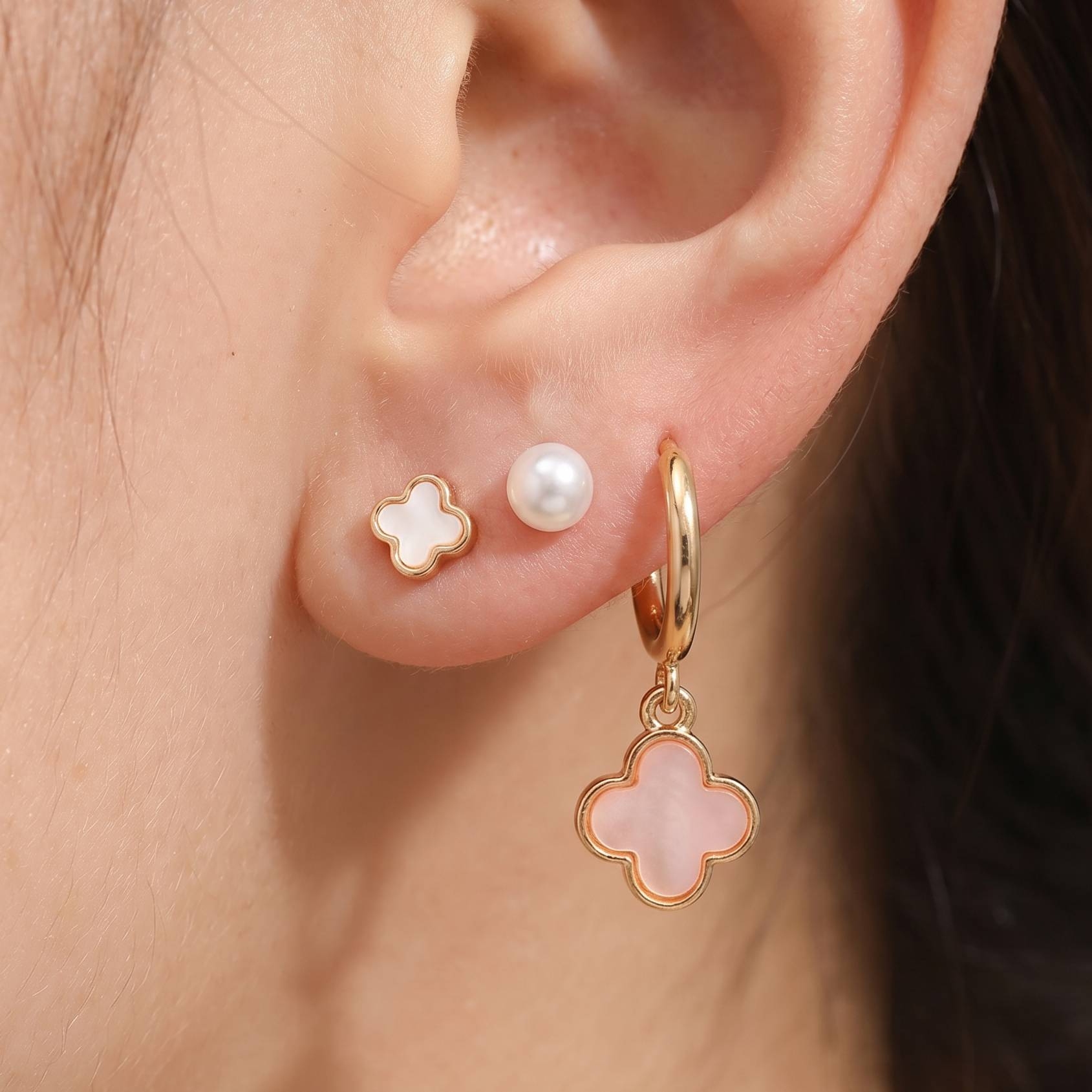 3Pc Pearl And Clovers Mixed Earrings Set