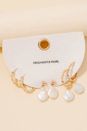 Pearl Drop Hoop Earrings Set