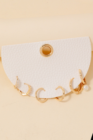 Pearl Charm And Rhinestones Mixed Hoop Earrings Set