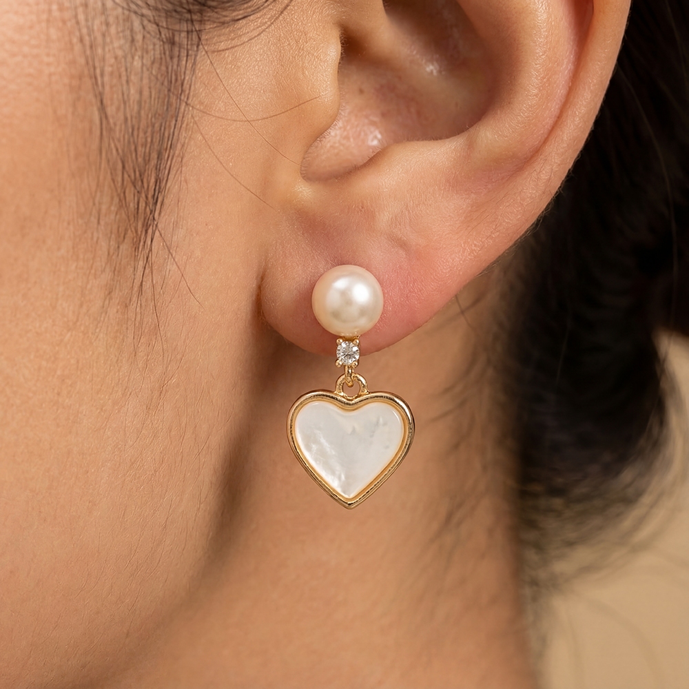 Freshwater Pearl Heart Charm Stud Drop Earrings
