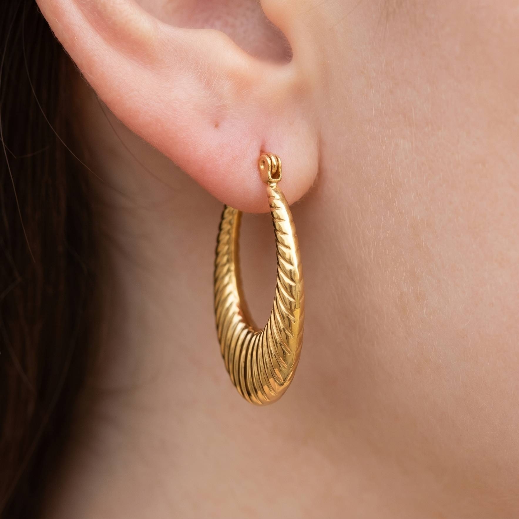 Stainless Steel Ridged Oval Latch Hoop Earrings