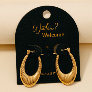 Stainless Steel Ridged Oval Latch Hoop Earrings