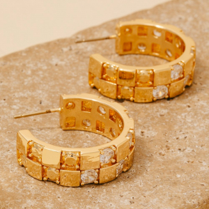 Cz Checkered Pattern Hoop Earrings