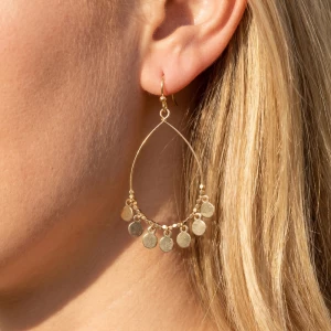 Teardrop Wire Hoop With Coin Disc Charm Earrings