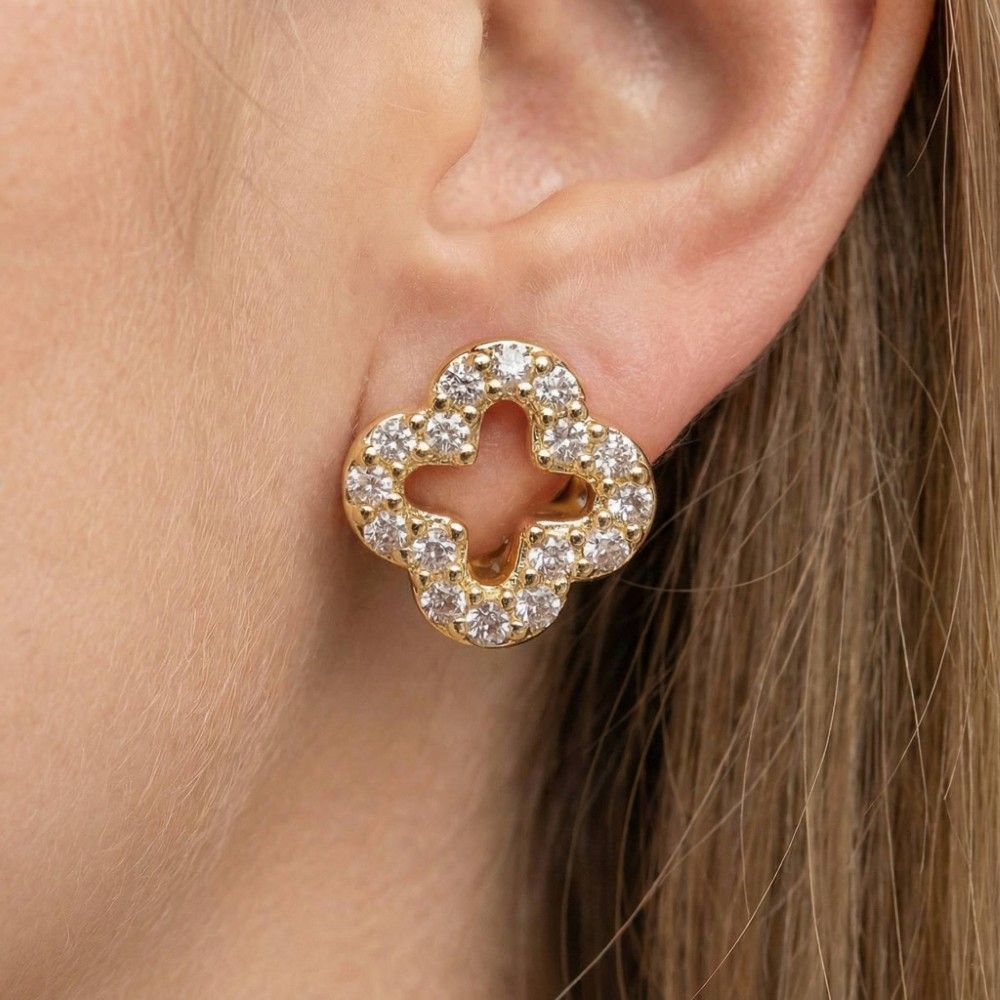 Cubic Zirconia Pave Clover Latch Stud Earrings