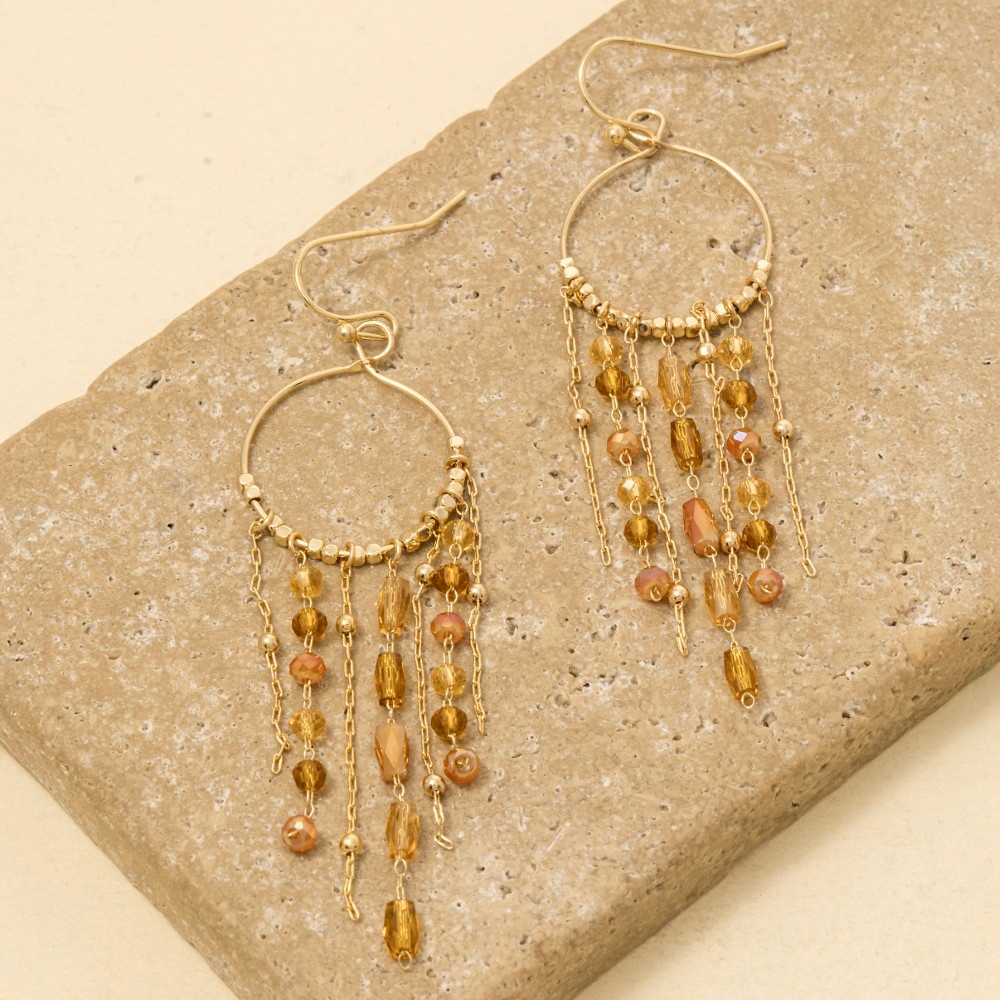 Mixed Glass Beaded Fringe Hoop Dangle Earrings