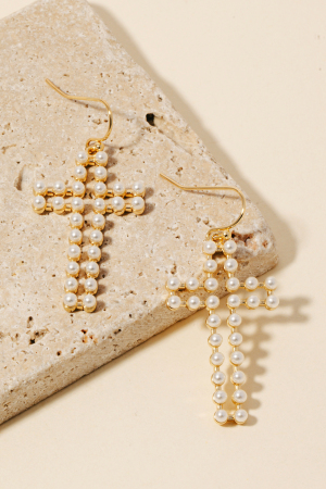 Pearl Studded Cross Dangle Earrings