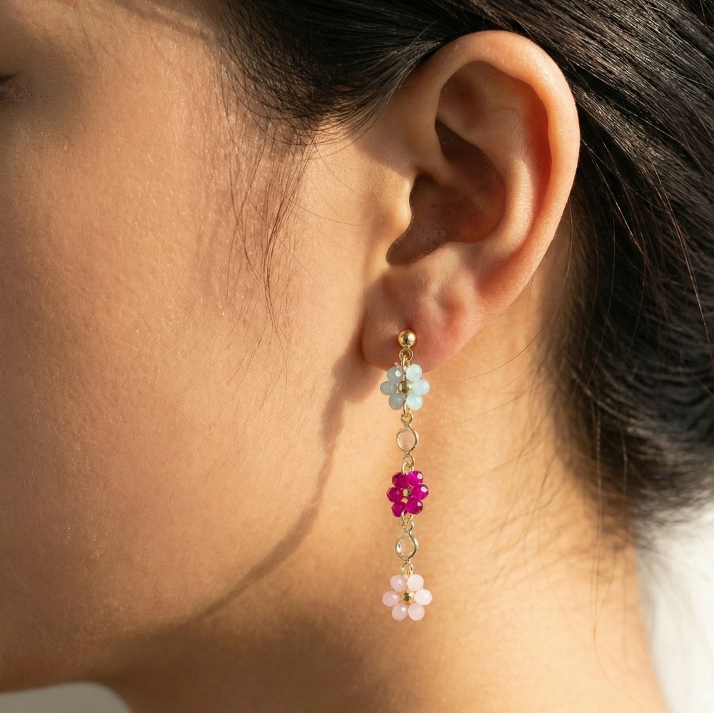 Faceted Beaded Flower Chain Dangle Earrings