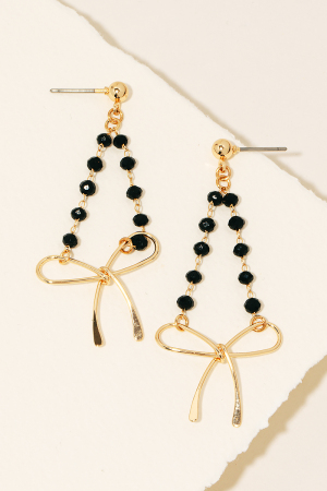 Beaded Chain Ribbon Bow Charm Dangle Earrings