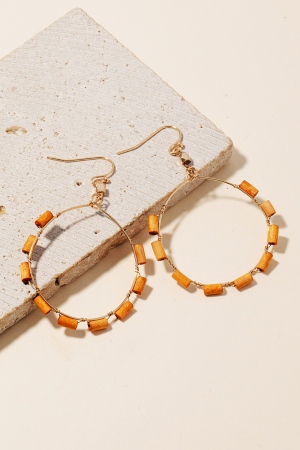 Wooden Tube Beaded Hoop Dangle Earrings