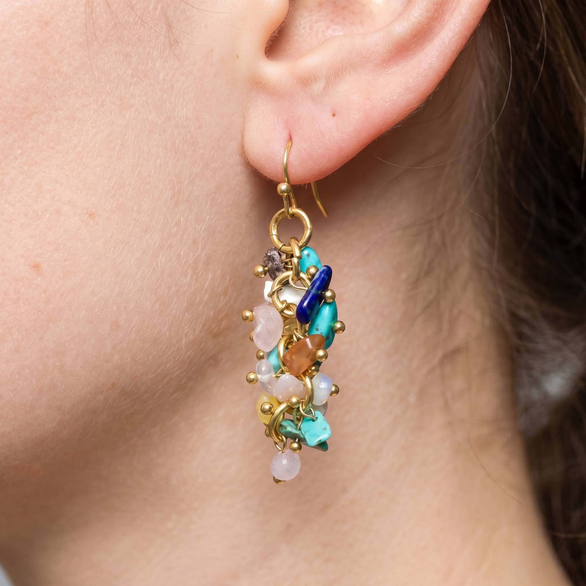 Pebble Stone Beaded Fringe Dangle Earrings