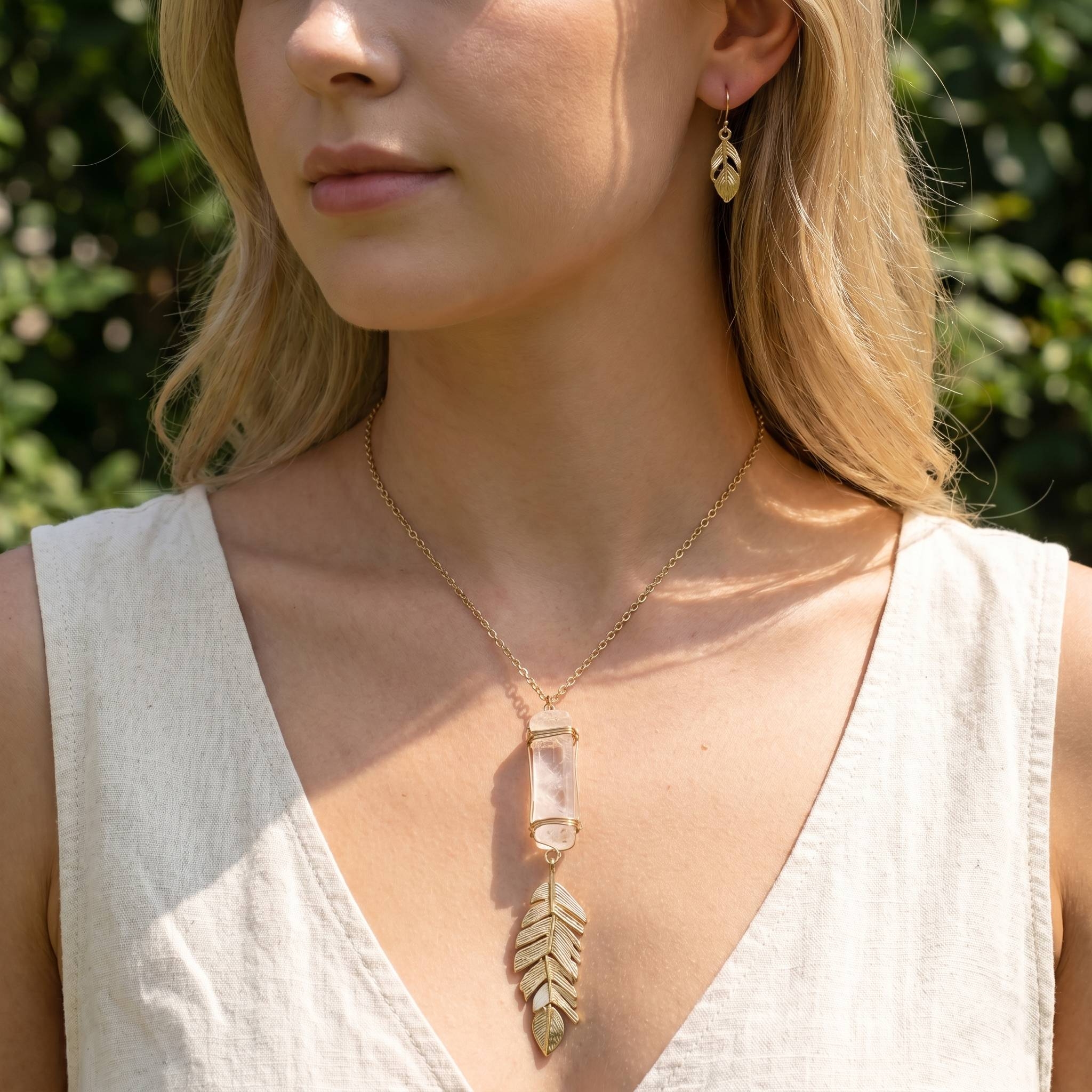 Semiprecious Stone Leaf Pendant Necklace Set