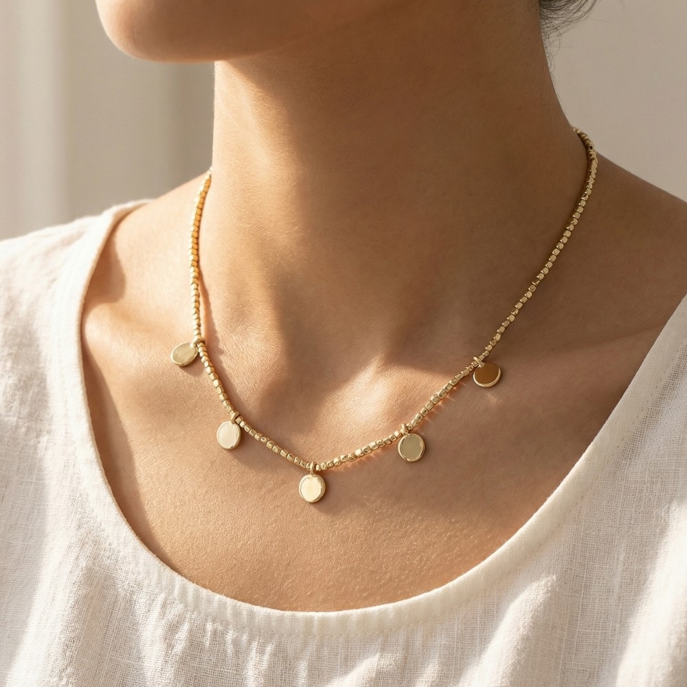 Beaded Chain Coin Disc Station Necklace