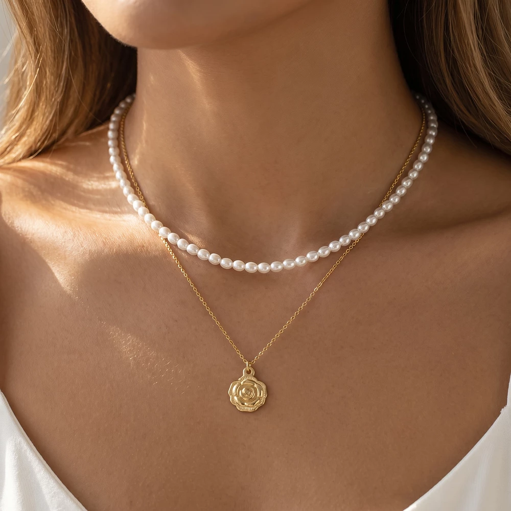 Layered Pearl Strand Floral Coin Pendant Necklace