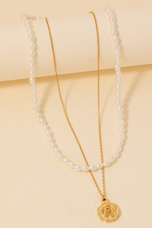 Stainless Steel Flower Coin Pendant Pearl Beaded Necklace