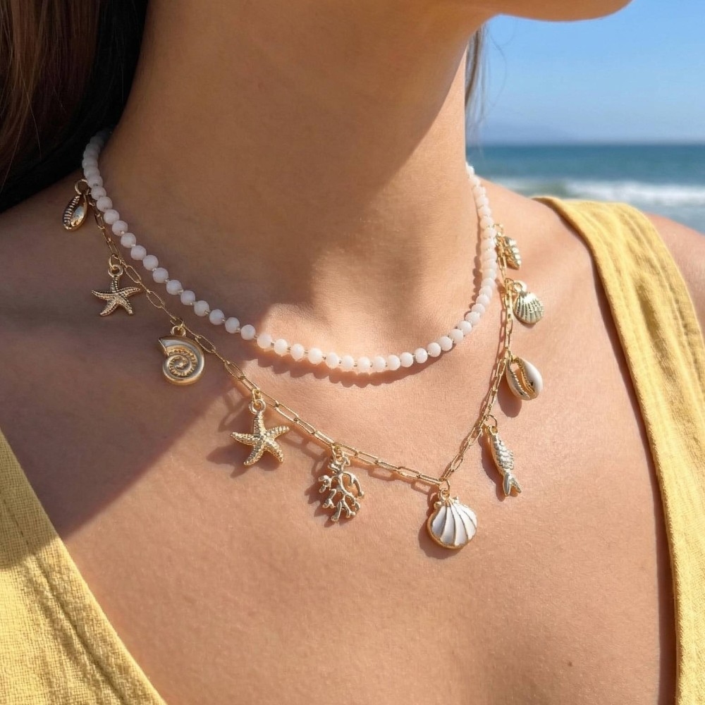 Enamel And Metallic Sea Life Charms Layered Necklace