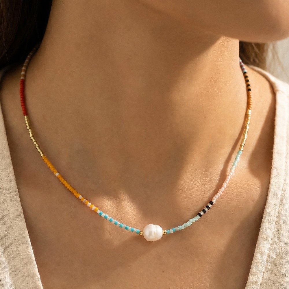 Dainty Seed Beaded Pearl Charm Necklace