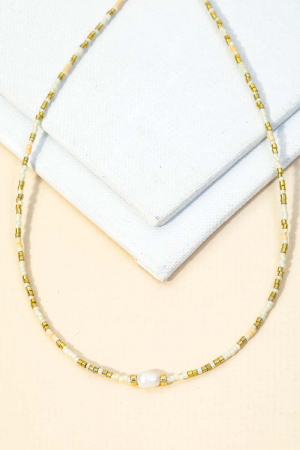 Dainty Seed Beaded Pearl Charm Necklace
