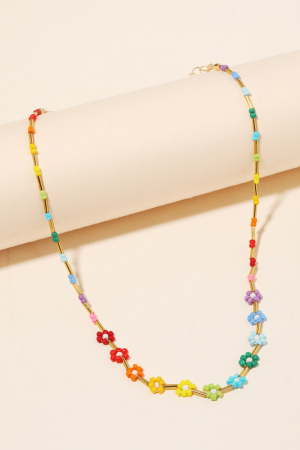 Seed Beaded Flower Charm Necklace