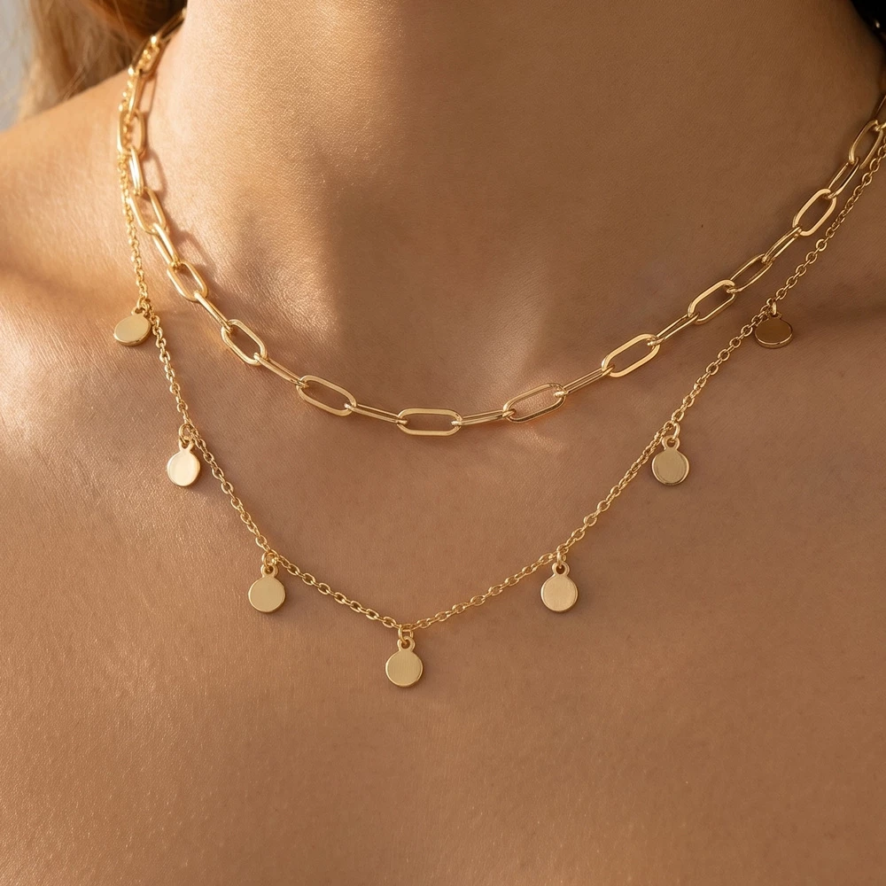 Layered Paperclip Disc Charm Necklace