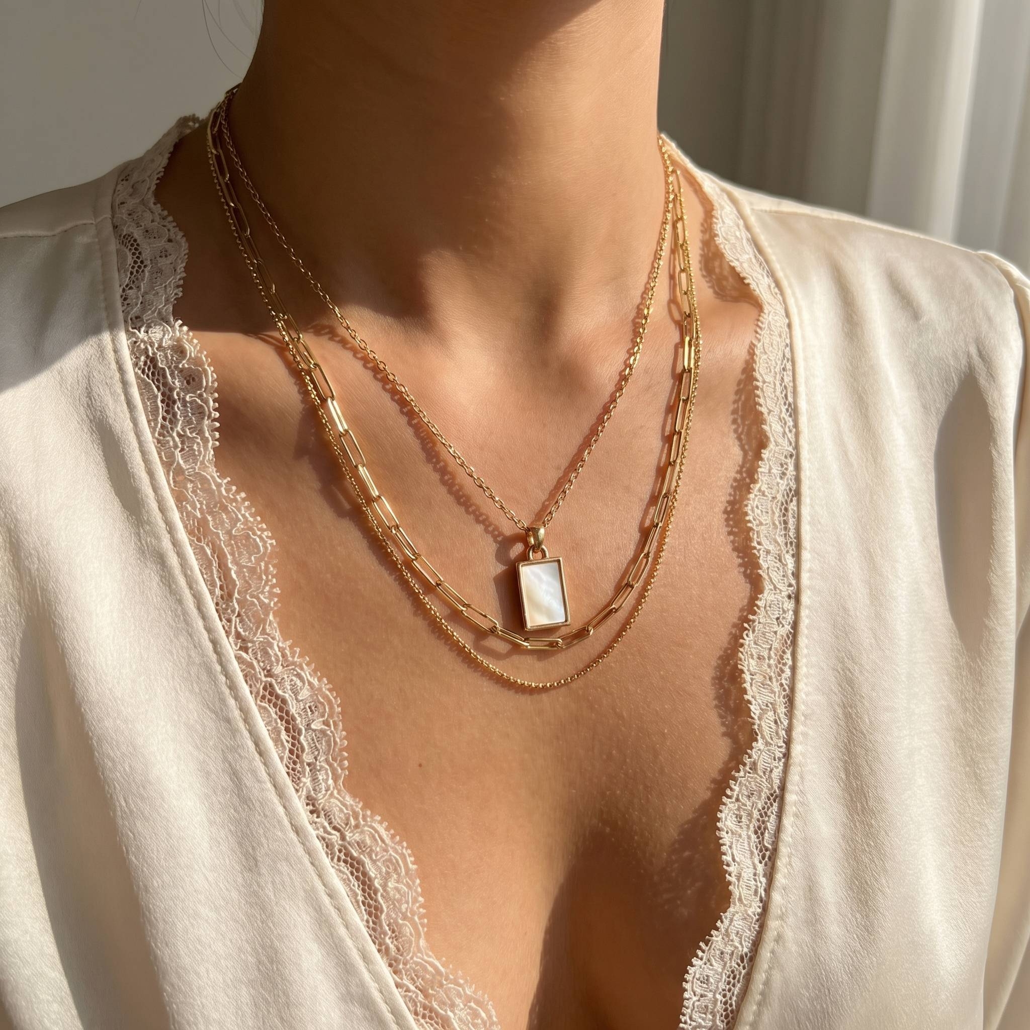 Layered Chain Link Rectangle Charm Necklace