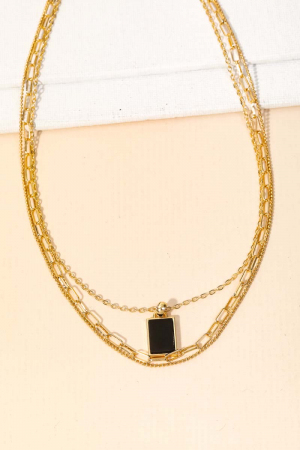 Layered Chain Link Rectangle Charm Necklace