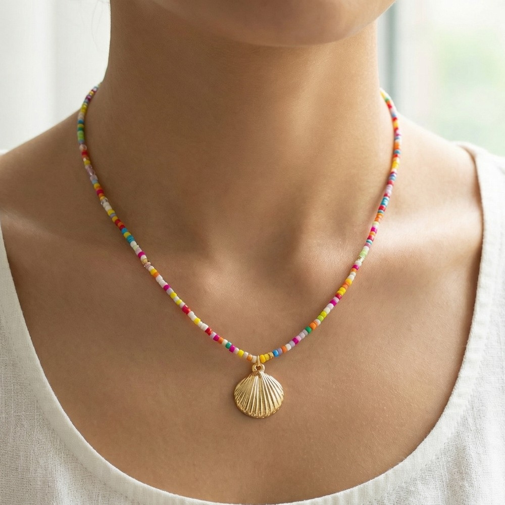 Sea Shell Pendant Seed Beaded Necklace