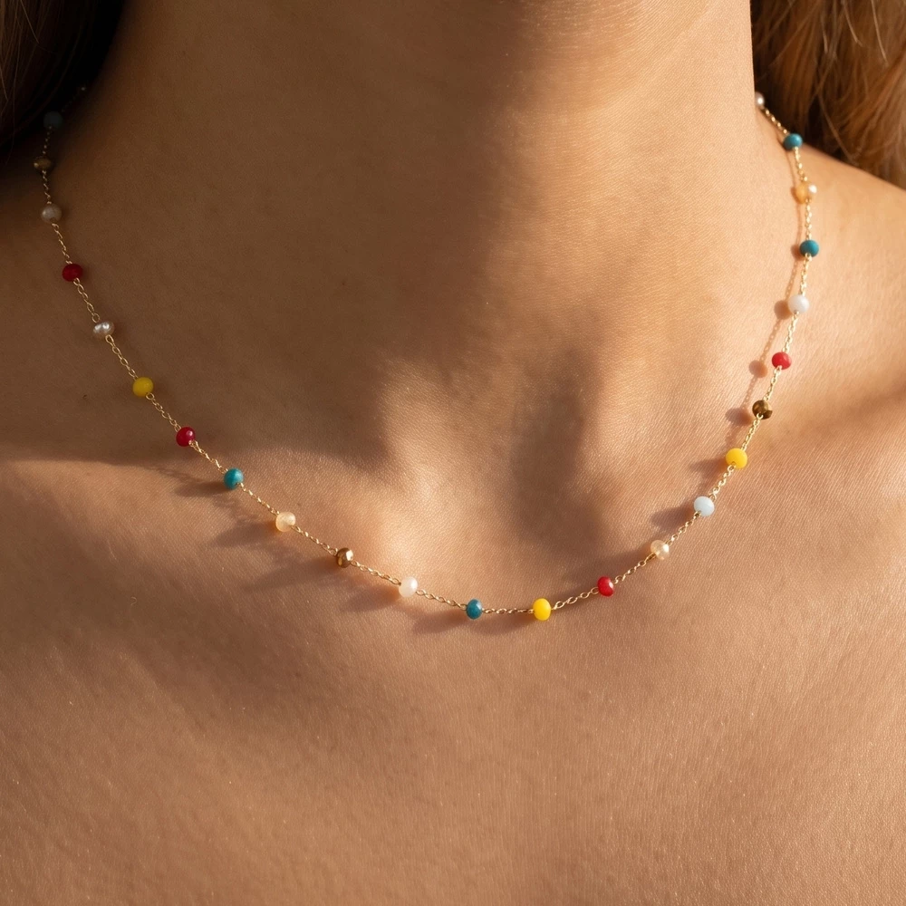 Multicolor Crystal Bead Station Choker Necklace