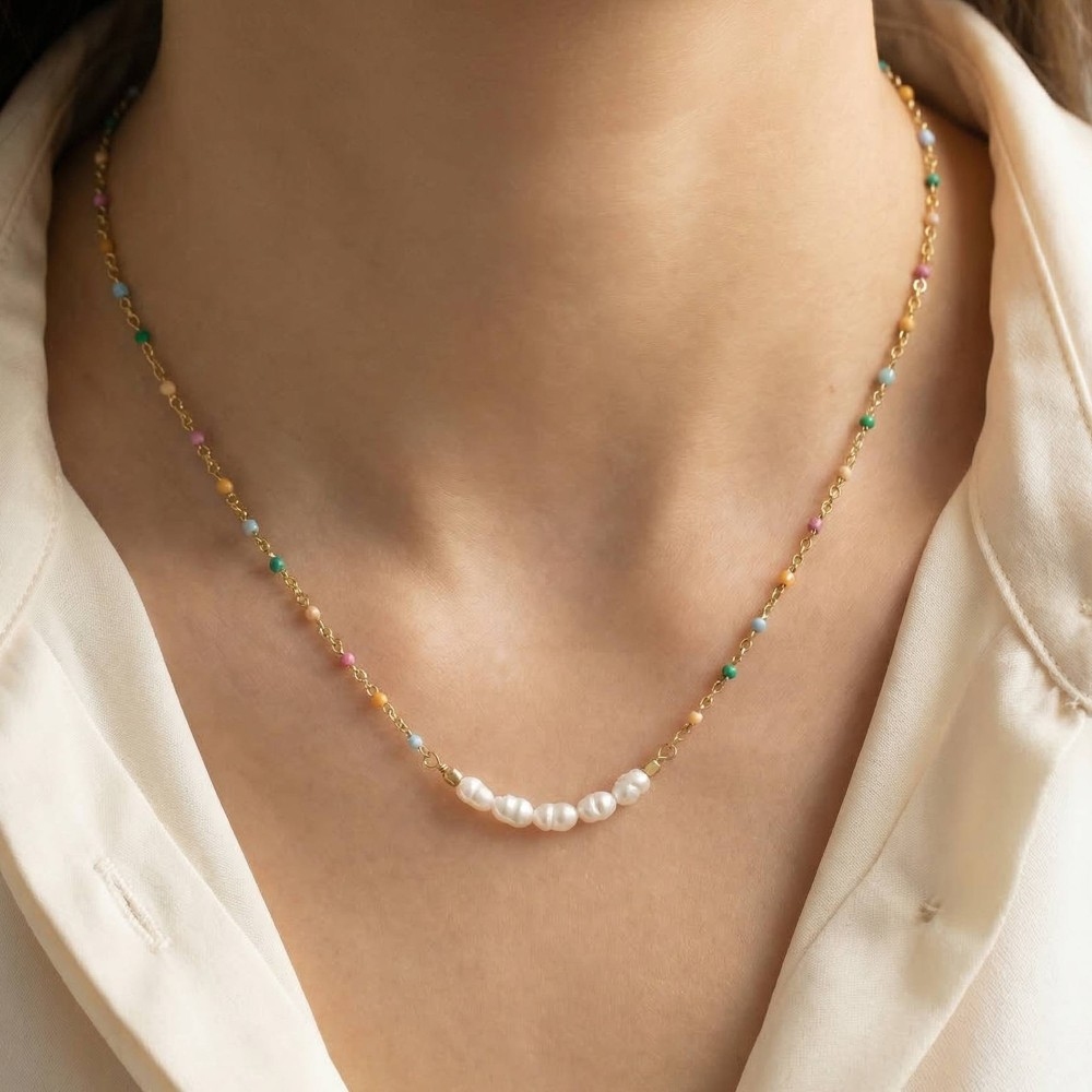 Enamel And Pearly Beaded Row Dainty Chain Necklace