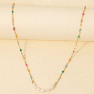 Enamel And Pearly Beaded Row Dainty Chain Necklace