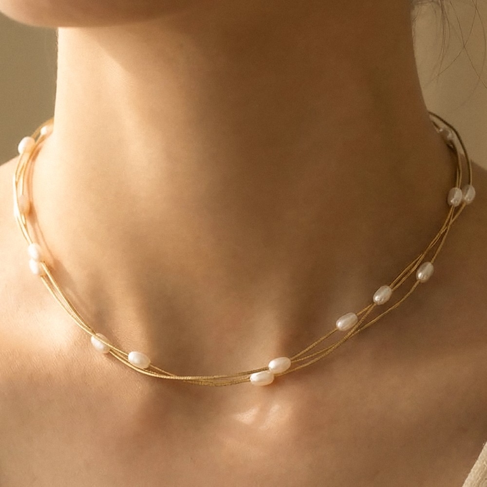 Pearl Station Beaded Layered Chains Necklace