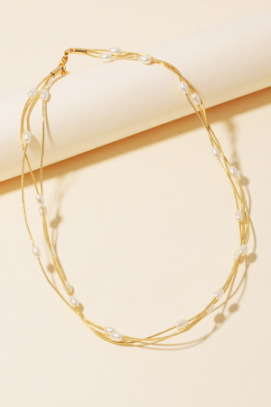 Pearl Station Beaded Layered Chains Necklace