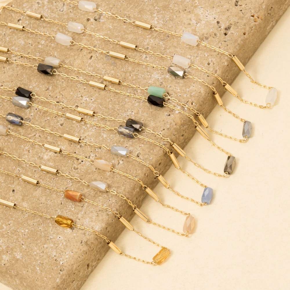 Bar And Faceted Gem Station Chain Necklace